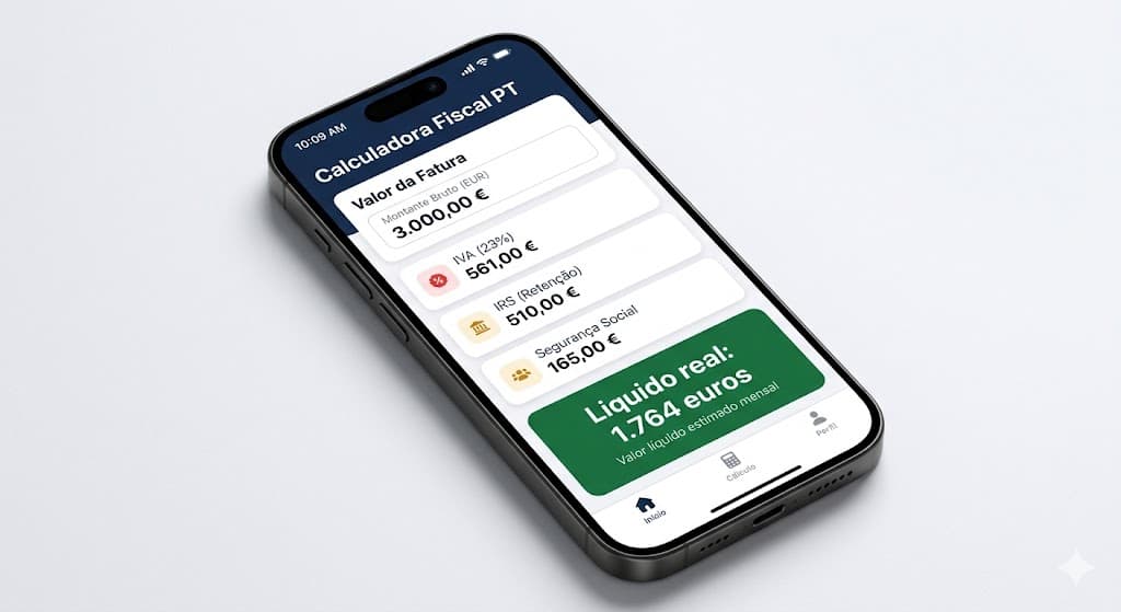 FreelancerPT no telemovel — calculadora fiscal com IVA, IRS e Seguranca Social